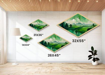 Verdant Horizon Diamond Shaped Landscape Wall Art Canvas Embossed Print Green Mountain Nature Illustration Pastoral Home Decor Accent