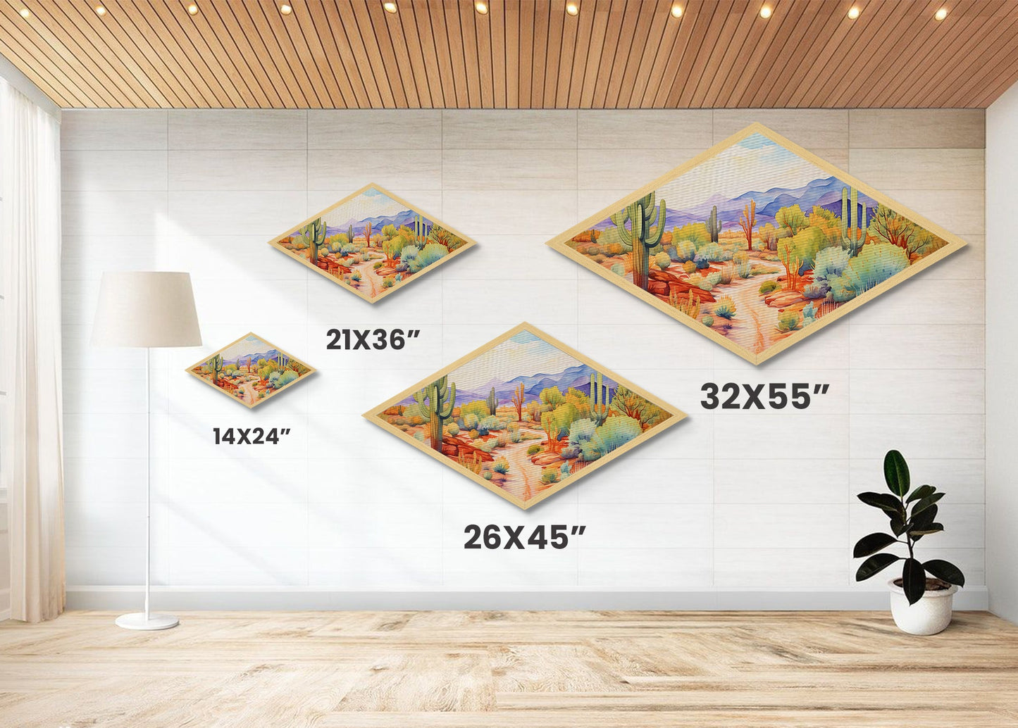 Desert Garden Pathway Diamond Shaped Canvas Embossed Print colorful southwest watercolor cacti art modern boho living room piece