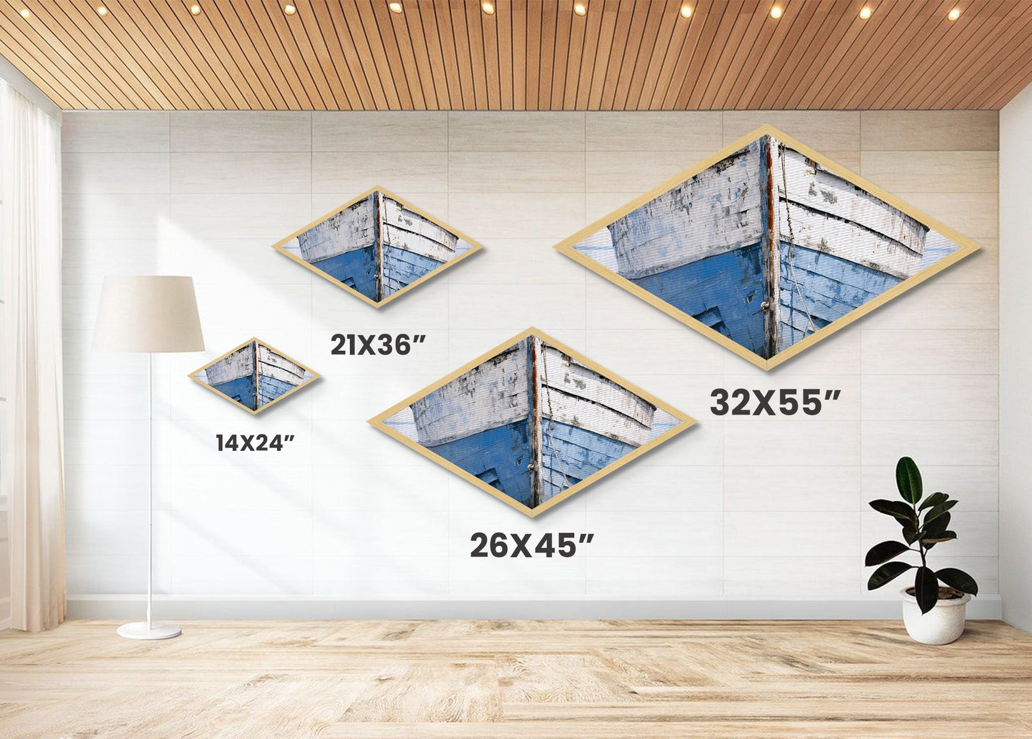 Nautical Hull Charm Diamond Shaped Canvas Textured Print rustic boat bow ocean vessel coastal vintage marine blue white nautical art