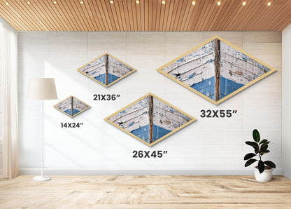 Distressed Vessel Edge Diamond Shaped Canvas Art Print coastal ship hull rustic weathered nautical marine decor blue tones boatfront