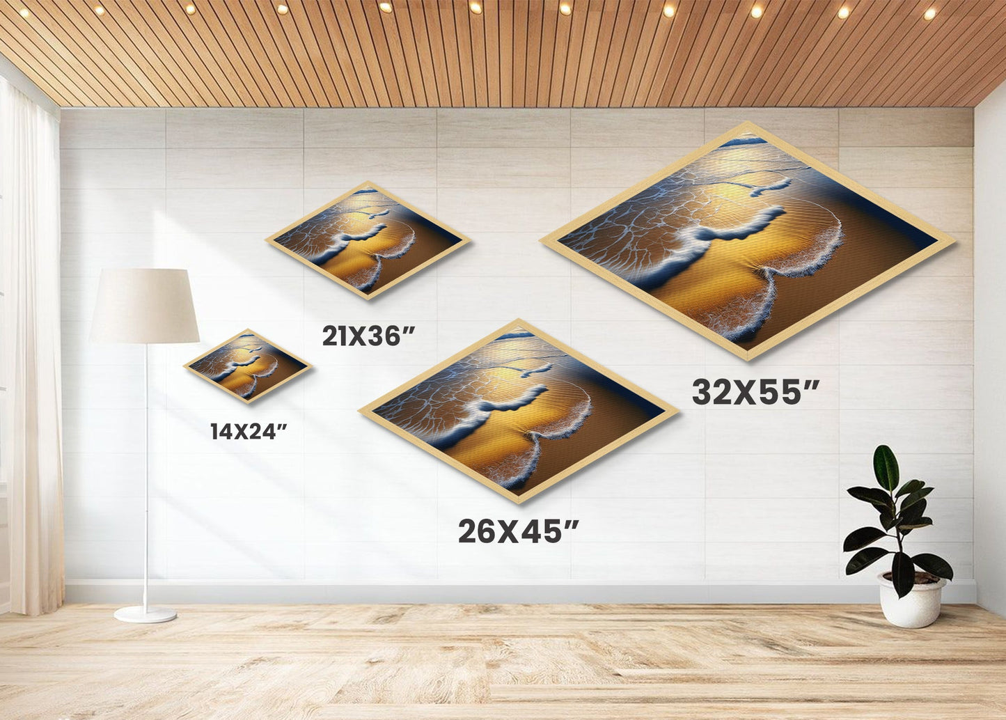 Golden Shoreline Tide – Diamond Shaped Ocean Wave Wall Decor, Coastal Nature Canvas Embossed Print, Beach Sunset Home Accent