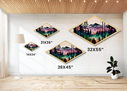 Polygonal Peaks View – Diamond Shaped Geometric Mountain Landscape Canvas Art Print, Nature Forest Sunrise Wall Accent