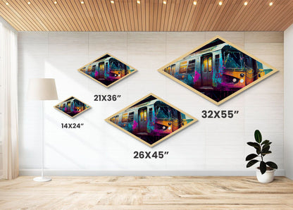 Color Splashed Metro – Diamond Shaped Street Art Subway Canvas Embossed Print, Vibrant Urban Train Graffiti Home Accent