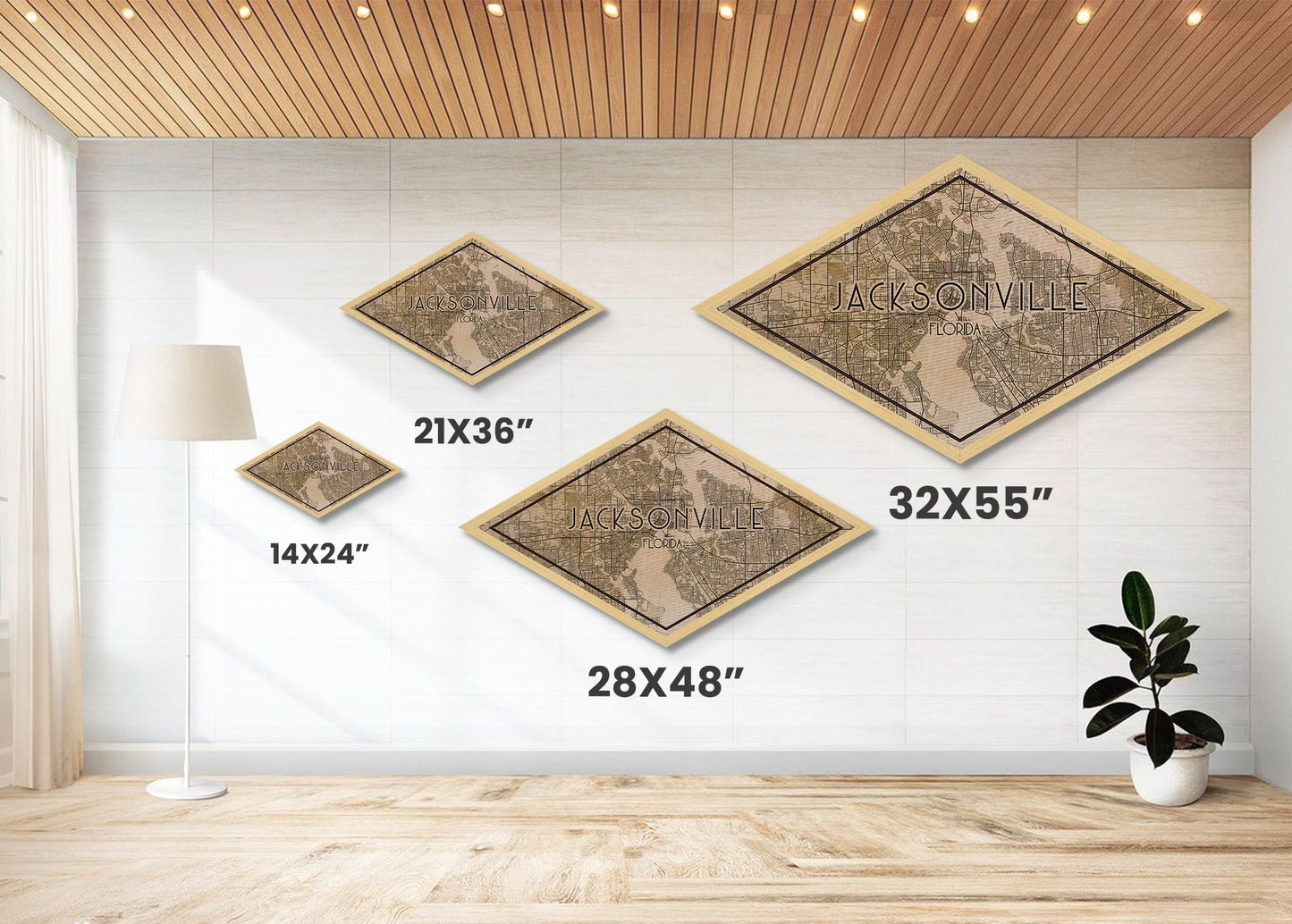 Jacksonville Diamond Shaped City Map, Custom Diamond Shaped Wall Art, City Map Canvas