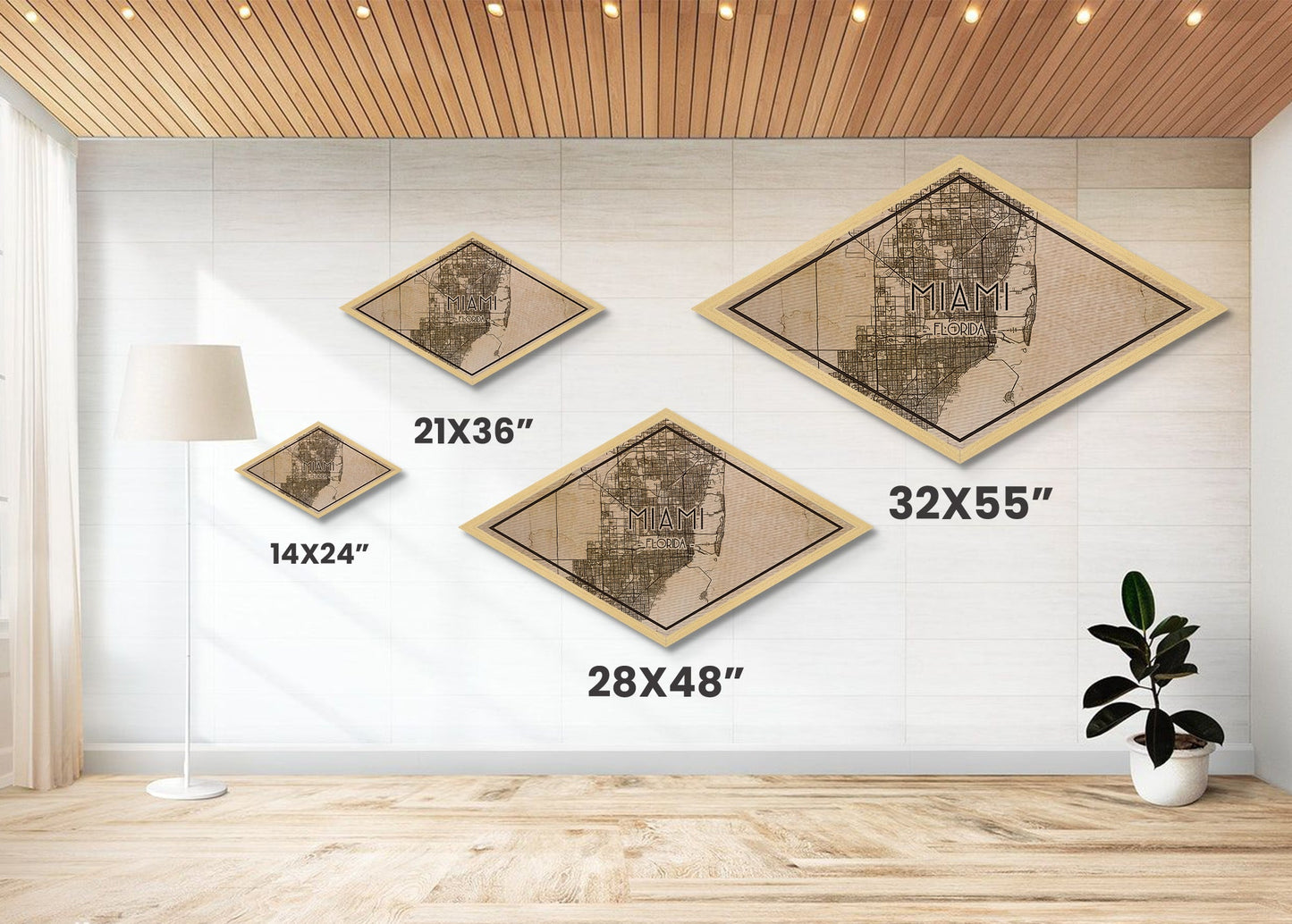Miami Diamond Shaped City Map, Custom Diamond Shaped Wall Art, City Map Canvas