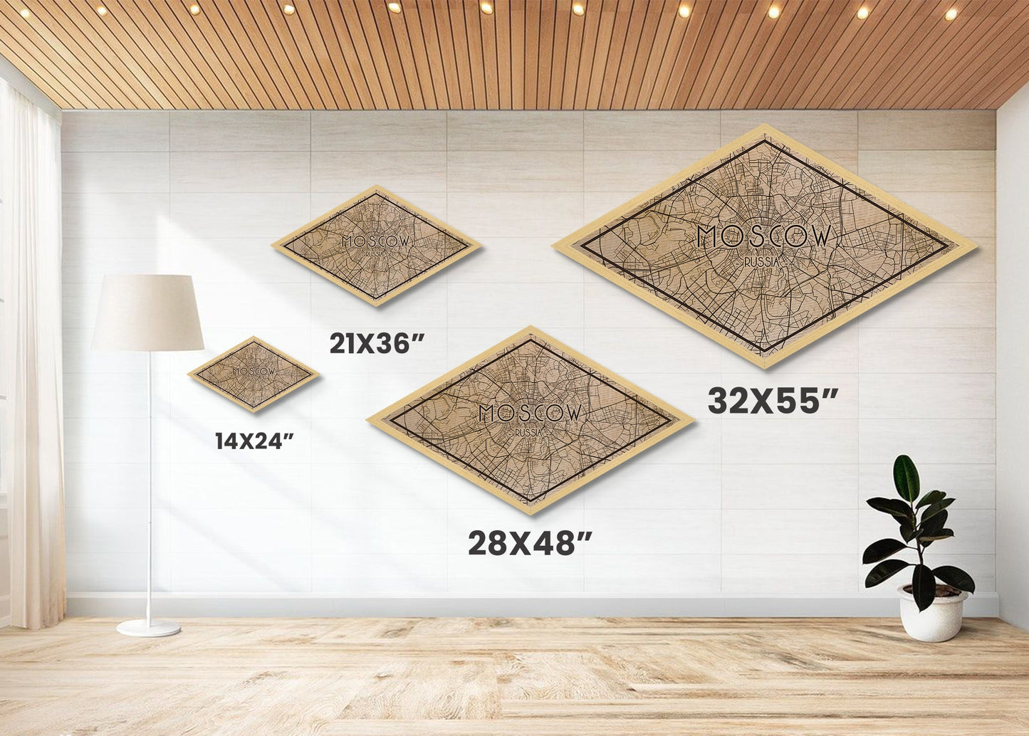 Moscow - Russia Diamond Shaped City Map, Custom Diamond Shaped Wall Art, City Map Canvas