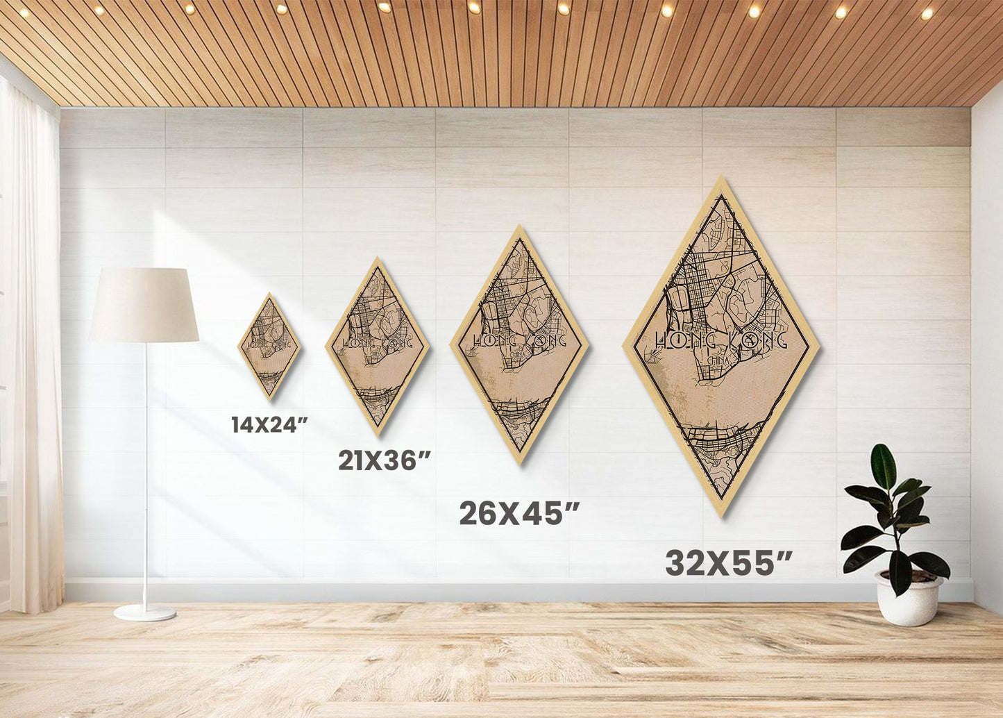 Hongkong-Reiseposter in Rautenform, individuelle Wanddekoration in Rautenform, Stadtplan auf Leinwand