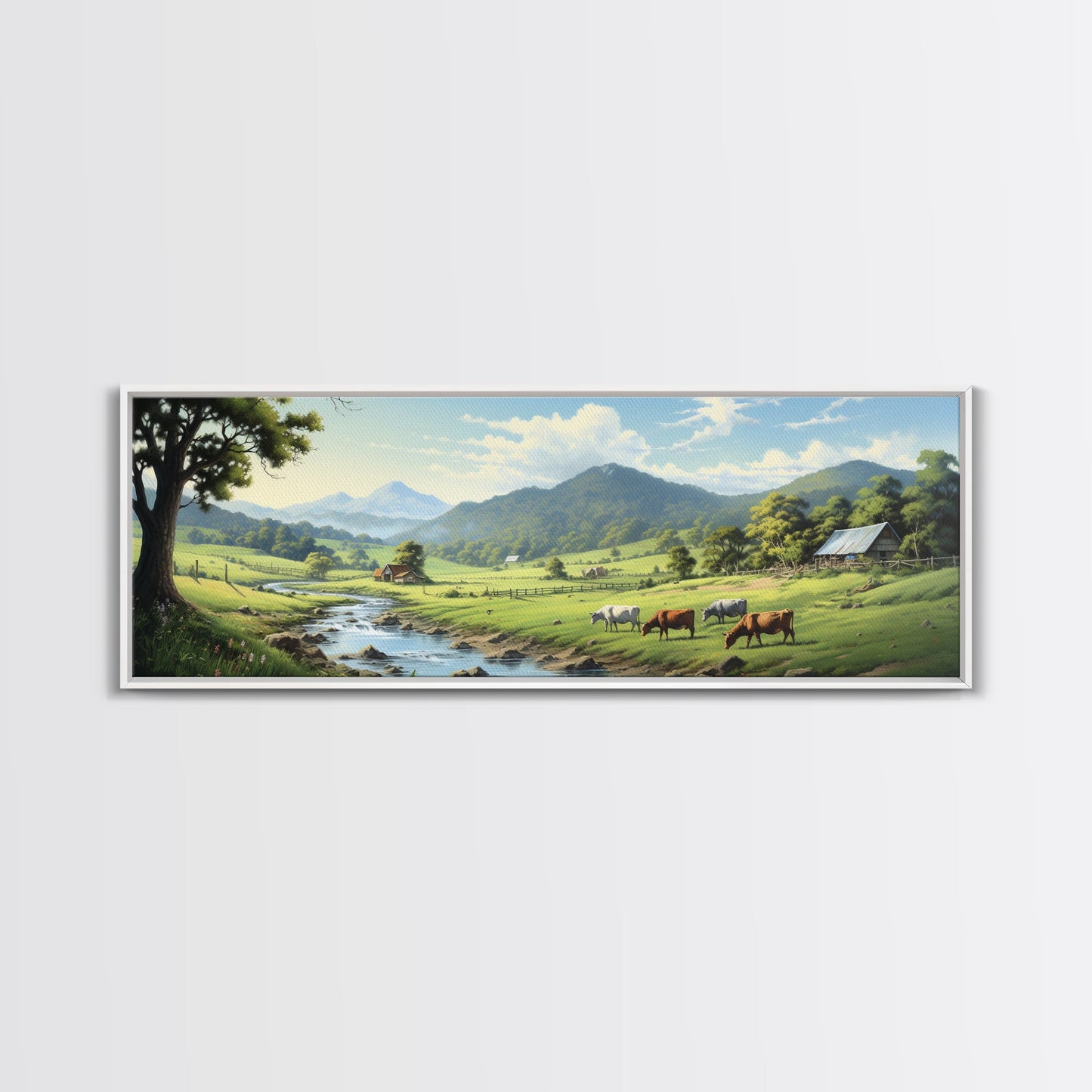 Farmhouse Field Landscape Oil Painting Large Wall Art Canvas Print, Framed Canvas Nature Wall Decor, Rustic Country Landscape Living Room