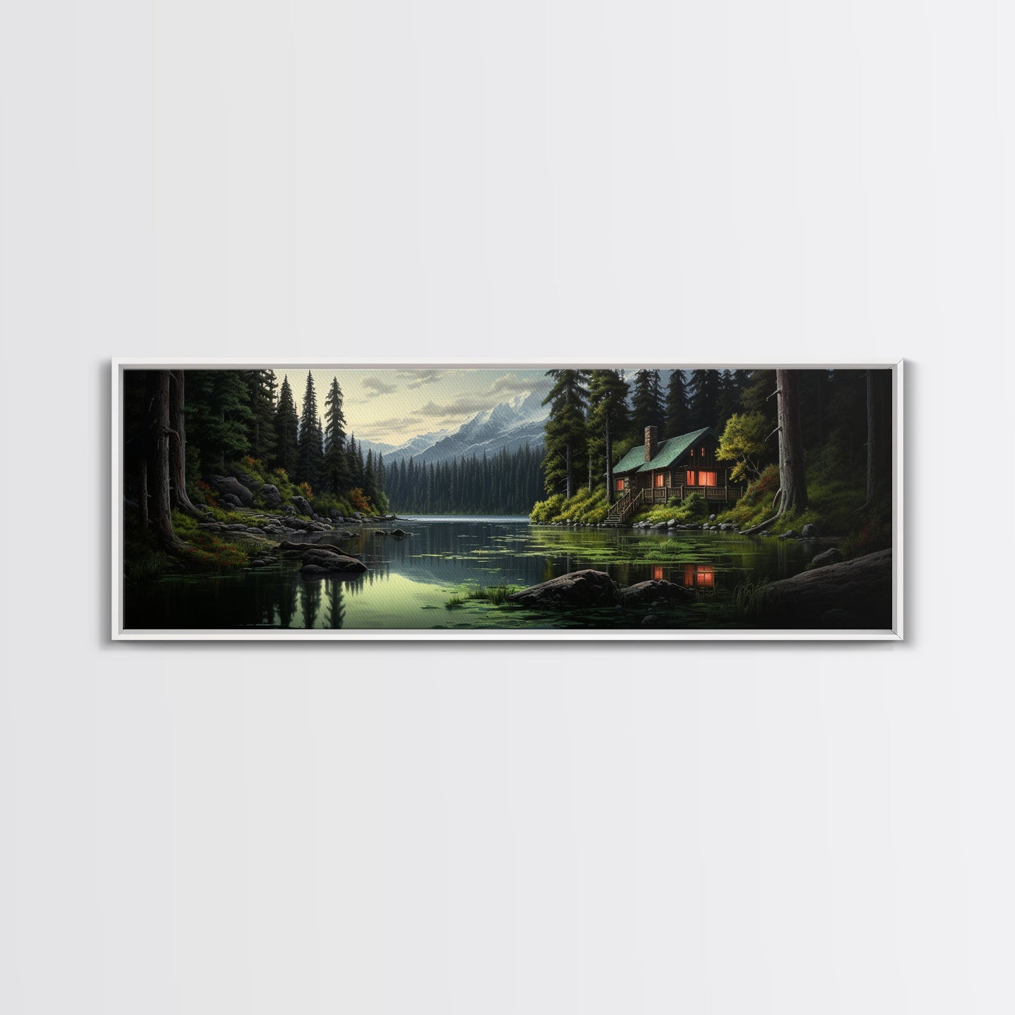 Cozy Cabin on The Lake, Framed Canvas Print, Farmhouse Decor, Landscape Painting, Unique Wall Art