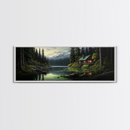 Cozy Cabin on The Lake, Framed Canvas Print, Farmhouse Decor, Landscape Painting, Unique Wall Art