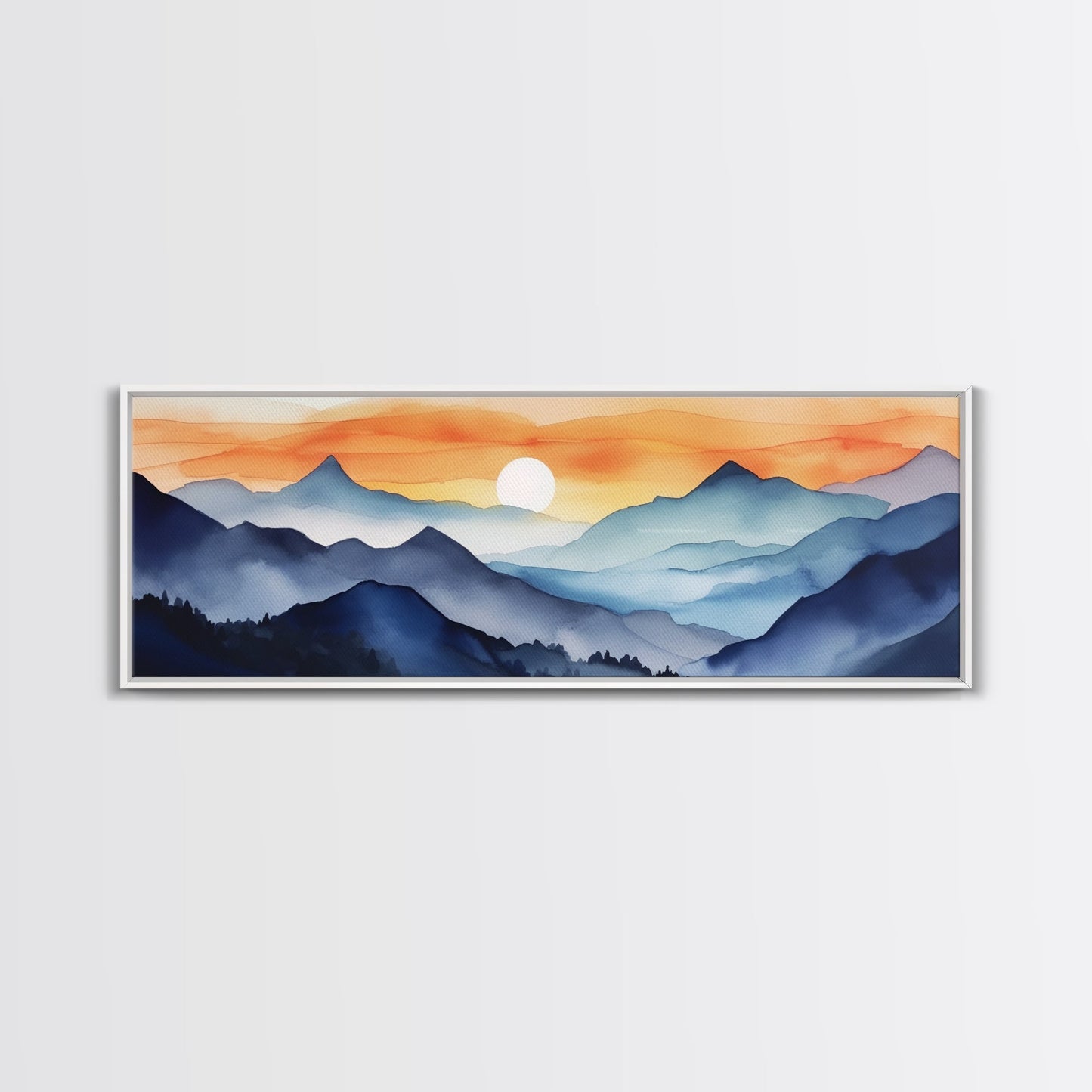 Midcentury Modern Watercolor Painting of a Mountain Sunset, Large Canvas Print, Mountain Artwork, Guest Room Art, Mountain Print