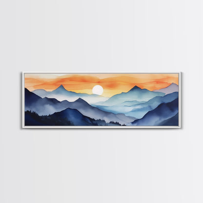 Midcentury Modern Watercolor Painting of a Mountain Sunset, Large Canvas Print, Mountain Artwork, Guest Room Art, Mountain Print