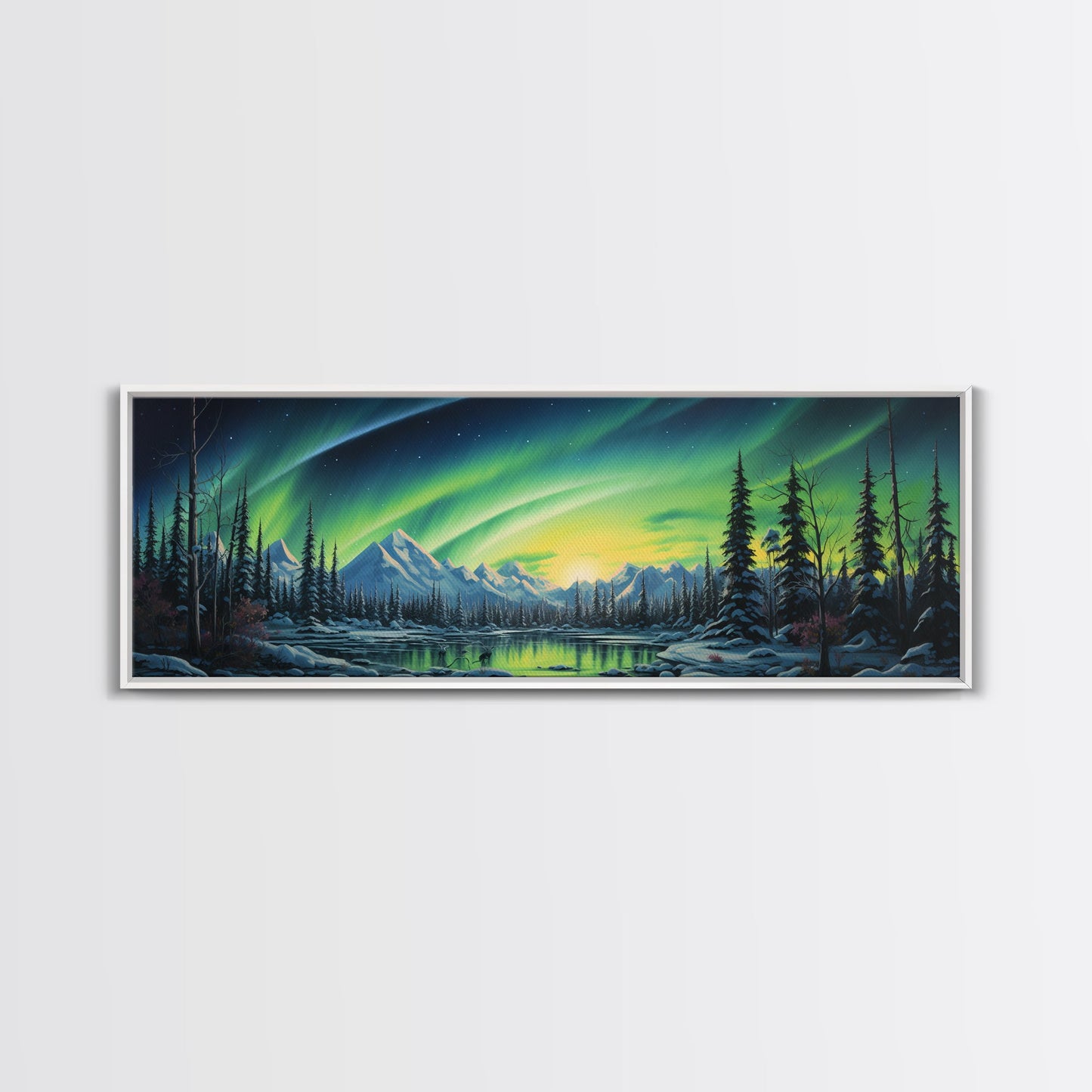 Aurora Borealis, Framed Canvas Print, Beautiful Alaskan Winter Landscape Painting, Moody Art, Unique Wall Art