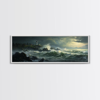 Lighthouse In The Storm, Framed Canvas Print, Nautical Decor, Nautical Painting, Guest Room Art, Moody Decor