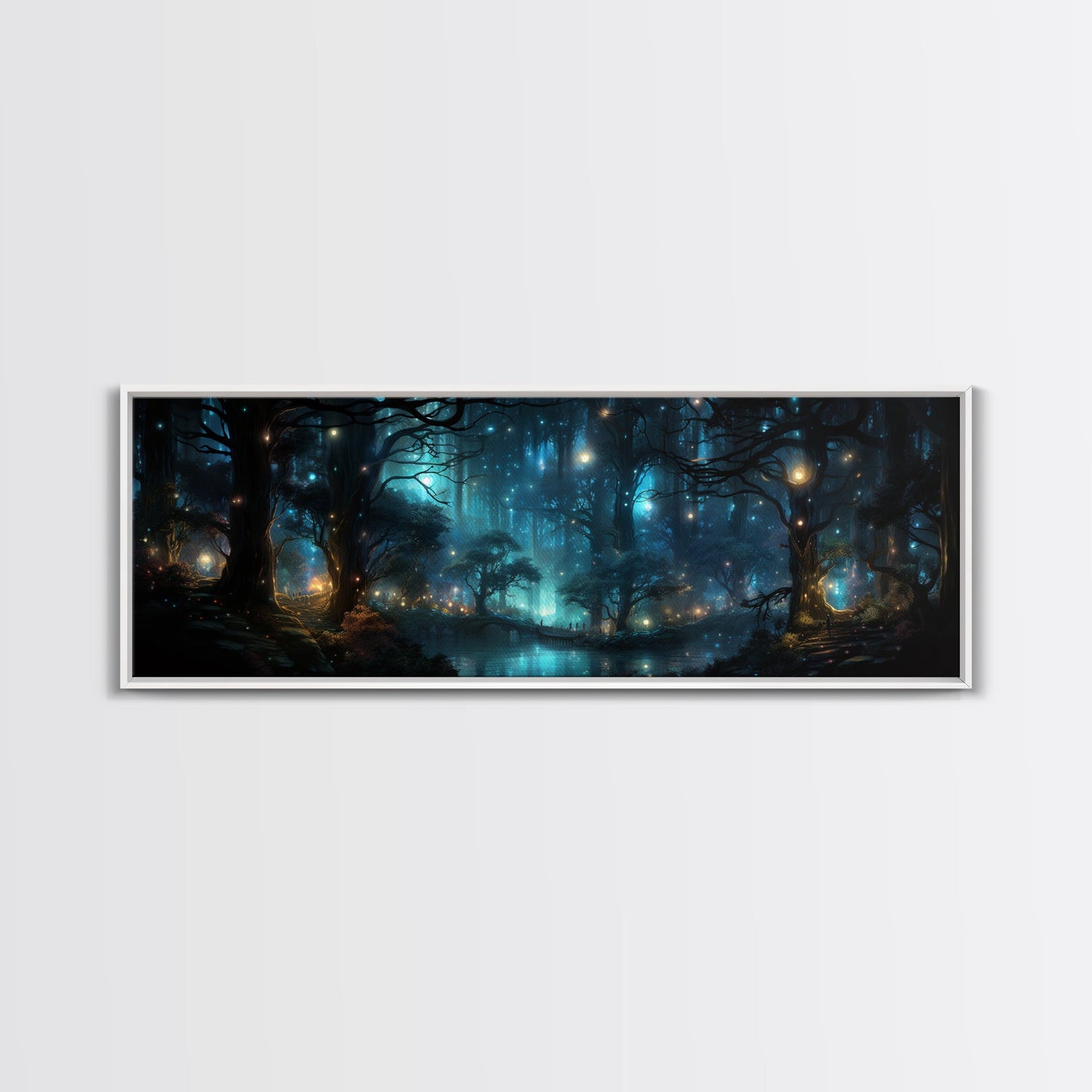 Fantasy Forest Print - Lightning Bugs Light Up The Forest At Night - Framed Canvas Print - Beautiful Fantasy Art - Framed Wall Art Fireflies
