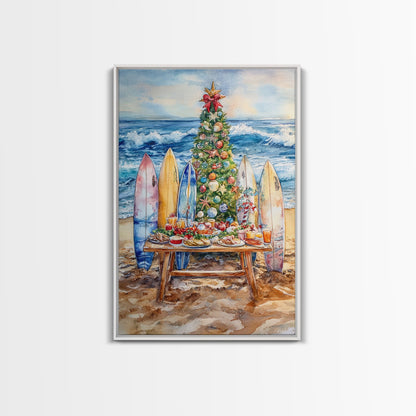 Christmas tree with surfboards on the beach, Framed Canvas Print tropical holiday wall art perfect beach Christmas decor holiday gift idea