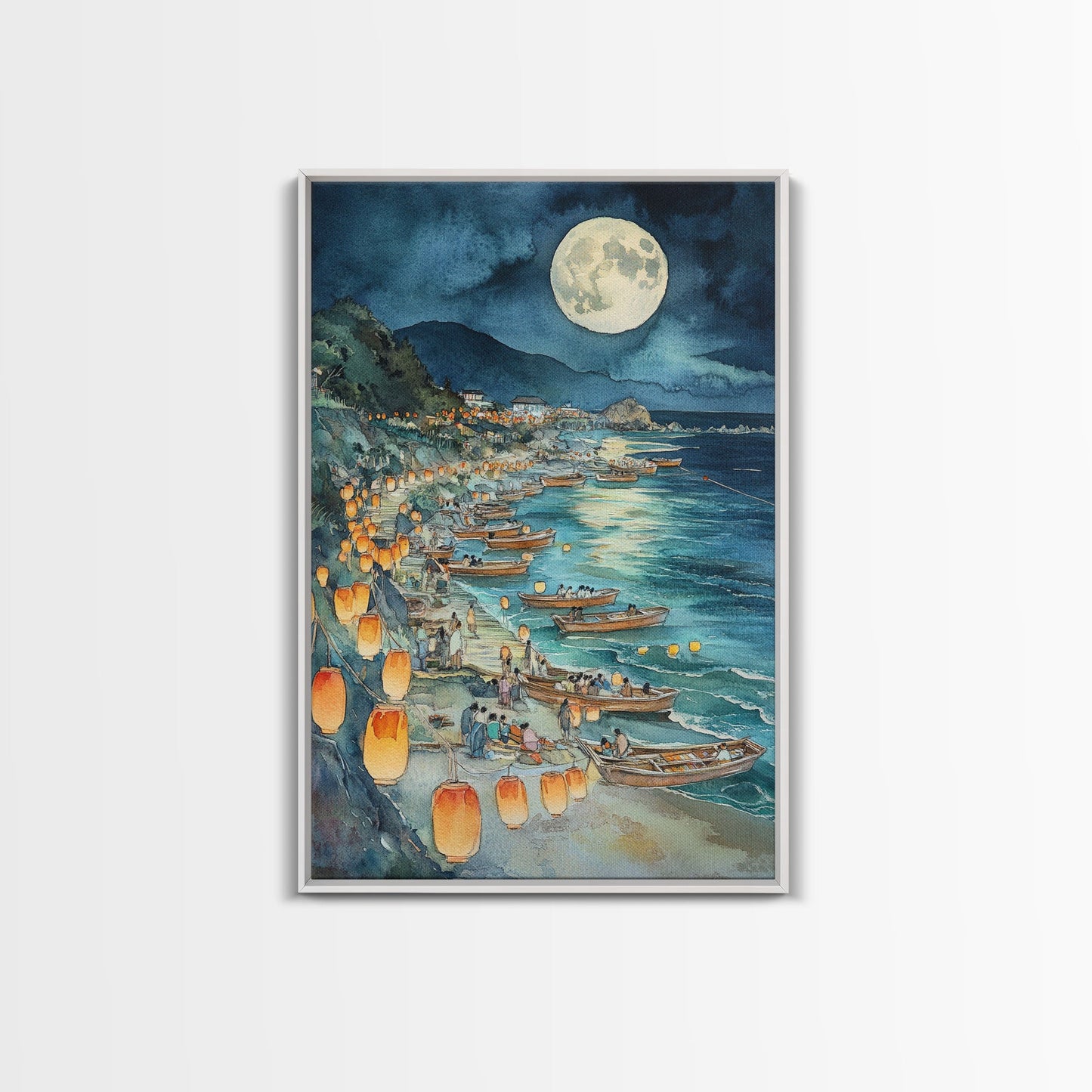 Japanese Paper Lamps Framed Canvas Print, Isamu Noguchi Akari Latern Festival, Christmas Decor