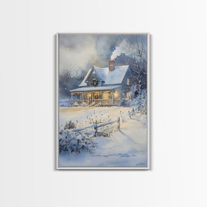 Christmas Cottage Wall Art, Framed Canvas Print, Winter Wonderland Landscape Print