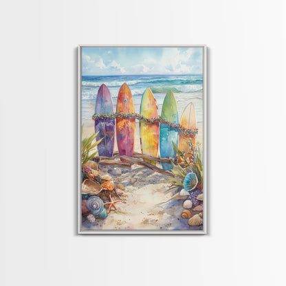 Weihnachts-Surfbretter am verschneiten Strand, gerahmter Leinwanddruck, tropische/maritime Weihnachtskunst oder Geschenkidee, Weihnachtsposter