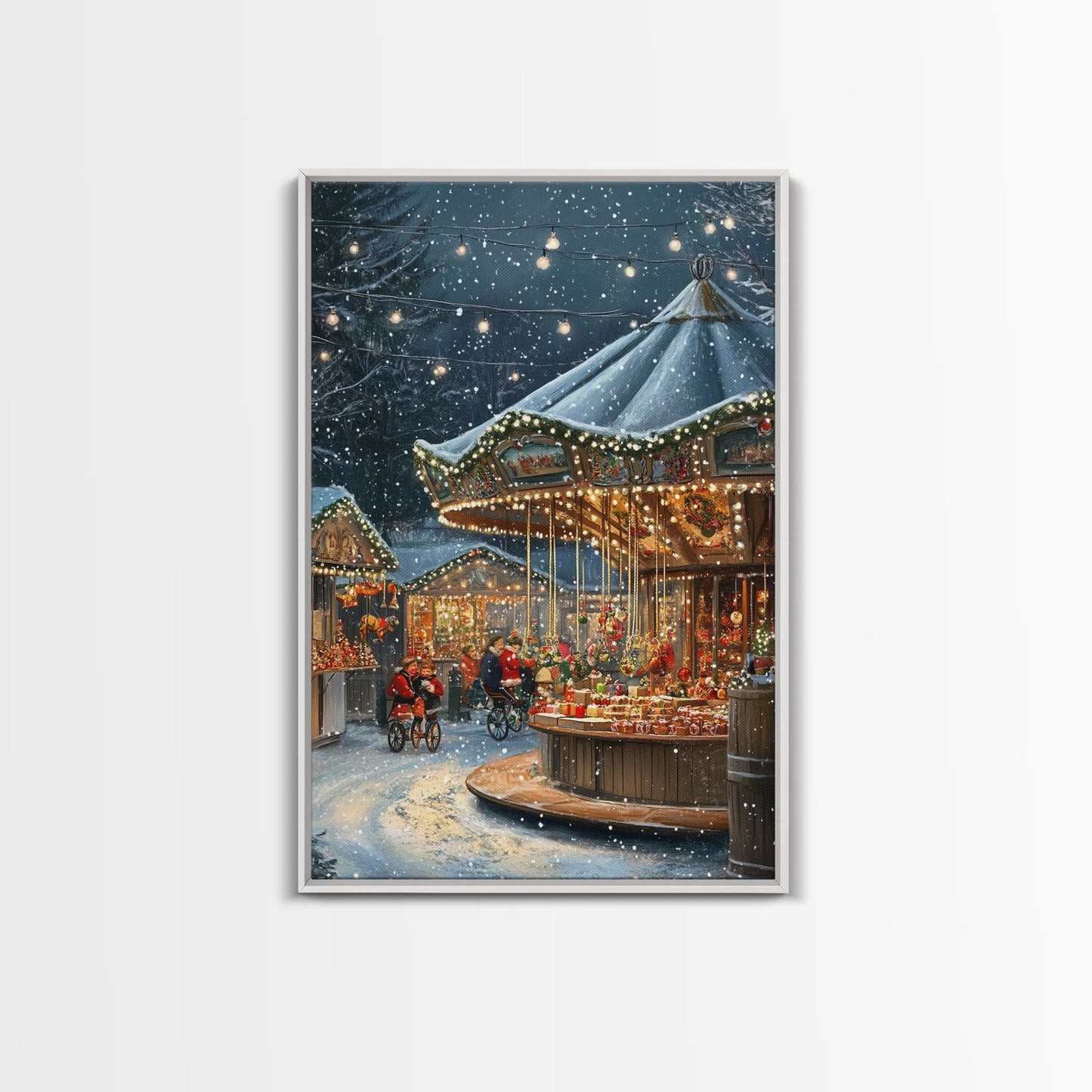 Christmas Carousel at a Snowy Night Market with Festive Lights and Ornaments, Framed Canvas Print for Christmas Wall Decor