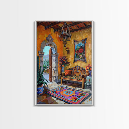 Vibrant Spanish Courtyard Framed Canvas Print Colorful Home Decor Best Gift Bright Seasonal Wall Art Mediterranean Patio Above Sofa Art