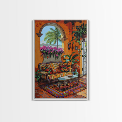 Mediterranean Courtyard Lounge Framed Canvas Print Spanish Style Home Decor Best Gift Bright Seasonal Art Above Sofa Wall Art