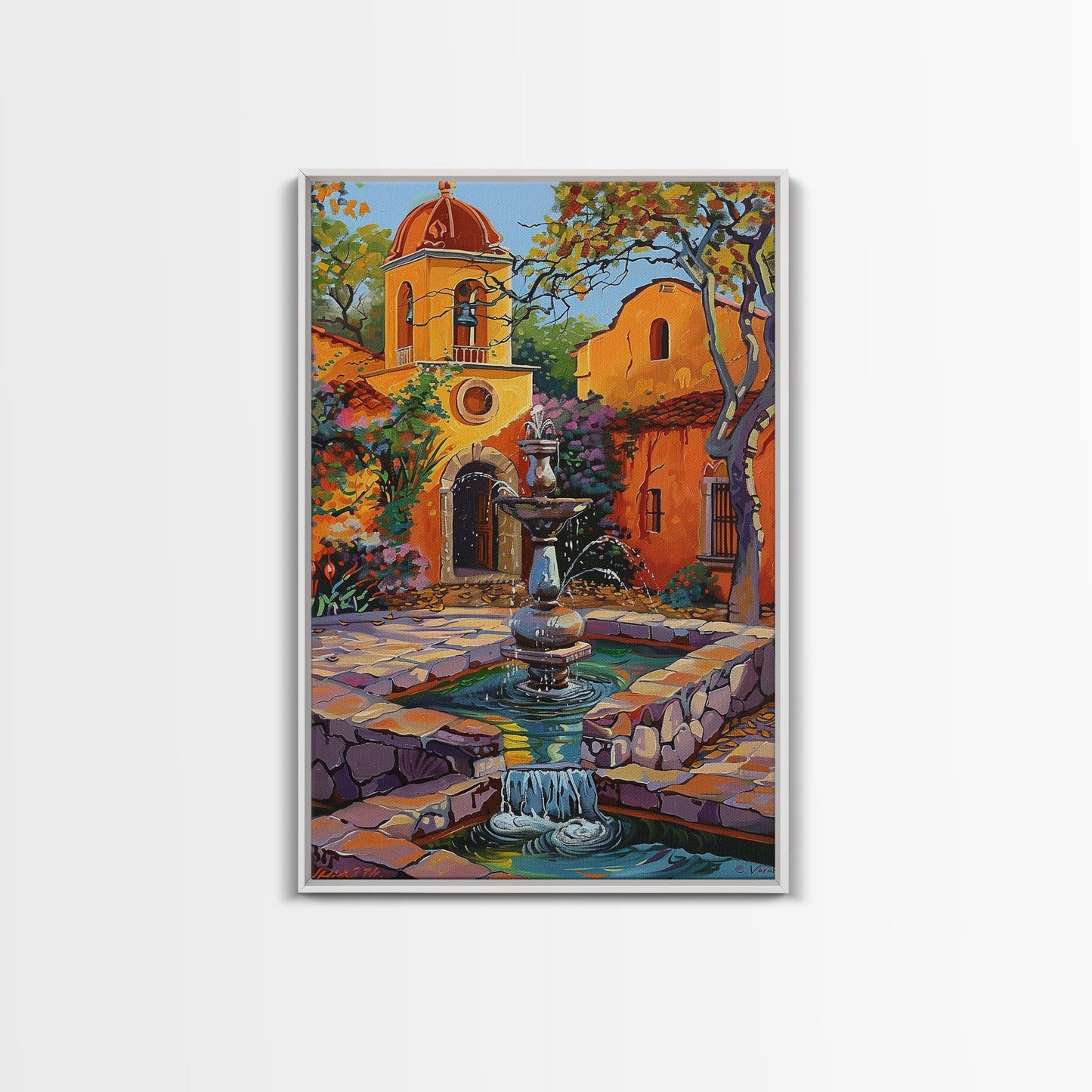 Mexican Style Framed Canvas Print Tall Art Vibrant Outdoor Fountain Scene With Colorful Architecture