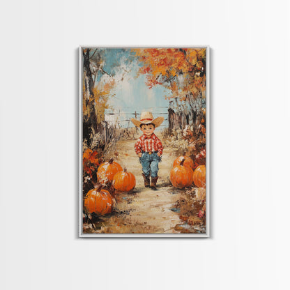 Autumn Cowboy Decor Canvas Print with Pumpkins, Fall Holiday Wall Art and Seasonal Gift Idea 2024