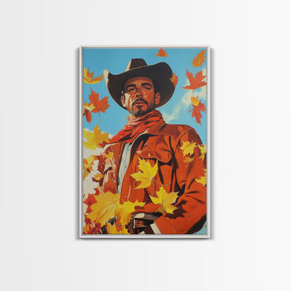 Autumn Cowboy Holiday Decor Framed Canvas Print with Leaves, Colorful Seasonal Wall Art Gift Idea 2024