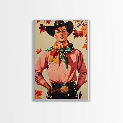 Cowboy Christmas Wall Art Canvas Print with Autumn Leaves, Seasonal Holiday Decor and Gift Idea 2024