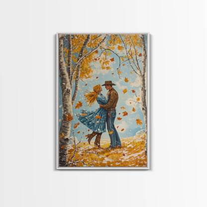 Romantic Fall Couple Framed Canvas Print - 2024 Autumn Love Country Cowboy Art Gift Idea for Fall Home Decor