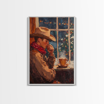 Cowboy in Snow with Coffee Framed Canvas Print - Winter Country Scene Art 2024 Cozy Christmas Wall Decor and Gift Idea