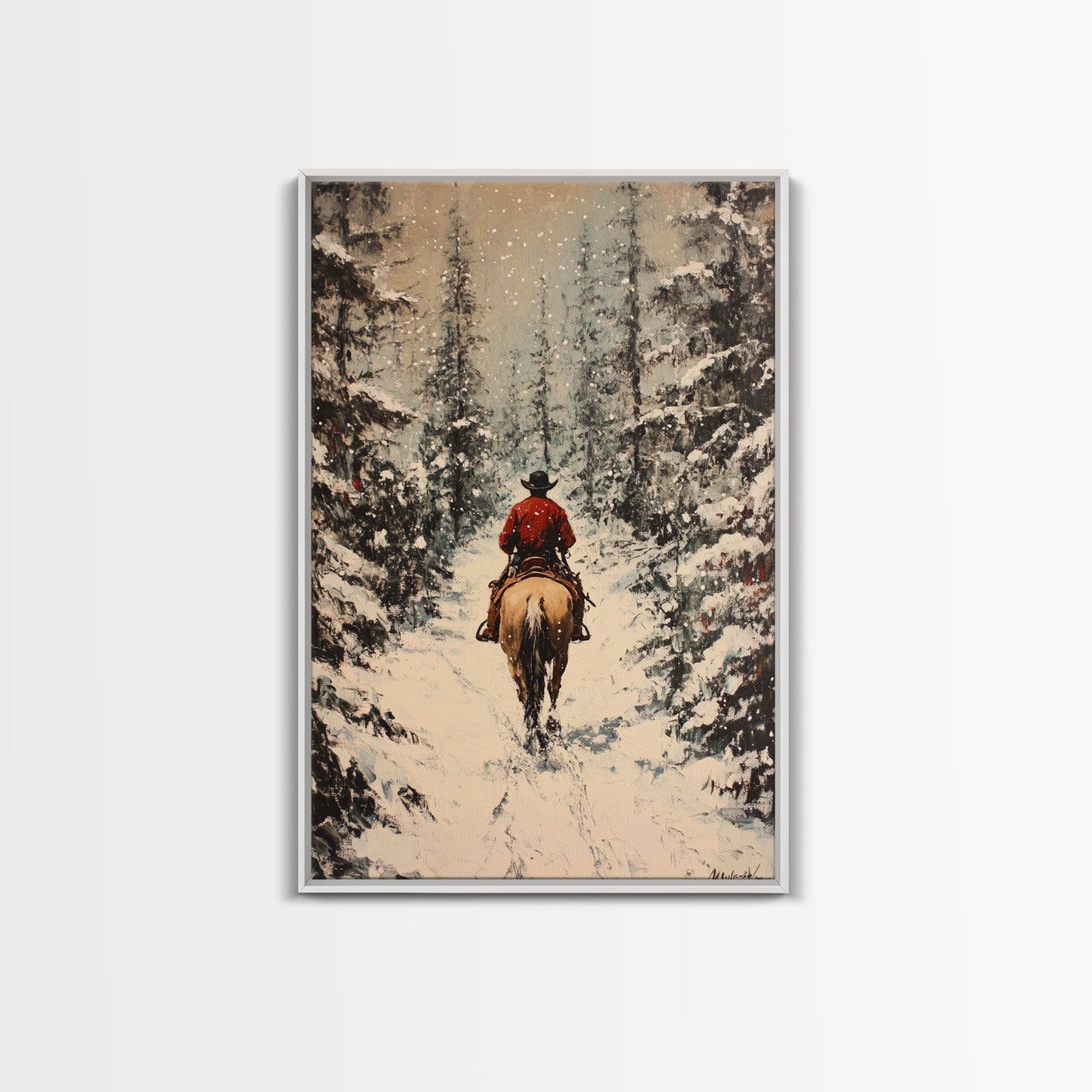 Cowboy on Horseback in Golden Autumn Trees Framed Canvas Print Rustic Christmas Wall Art Fall Decor Country Christmas Gift Seasonal Wall Art