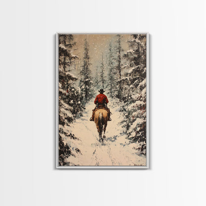 Cowboy on Horseback in Golden Autumn Trees Framed Canvas Print Rustic Christmas Wall Art Fall Decor Country Christmas Gift Seasonal Wall Art