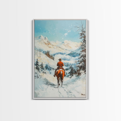 Cowboy reitet durch verschneite Berge – Gerahmter Leinwanddruck – Weihnachtswandbild – Winterwunderland-Dekoration – Saisonale Wanddekoration – Geschenkidee zu Weihnachten
