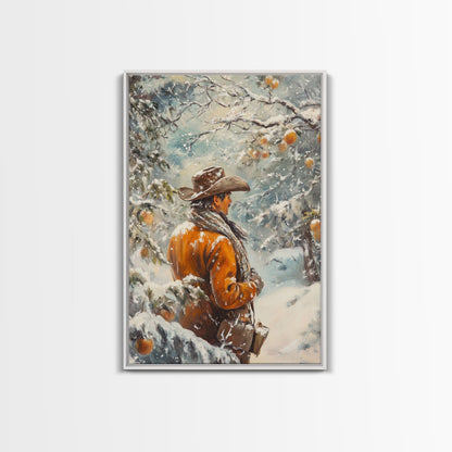 Cowboy in Snowy Orchard Canvas Print with Frosty, Christmas Wall Art Gift, Seasonal Decor, Winter Wonderland, Holiday Decor, Canvas Print
