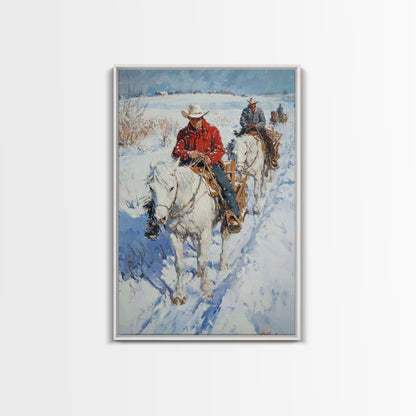 Cowboy Riding Horses in Snow Canvas Print, Winter Wall Art, Rustic Christmas Decor, Holiday Gift Idea, Seasonal Art, Framed Canvas Print