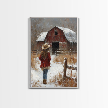 Country Girl with Falling Leaves Canvas Print, Autumn Wall Art, Farmhouse Holiday Decor, Fall Decor, Trendy Wall Art, Framed Canvas Print