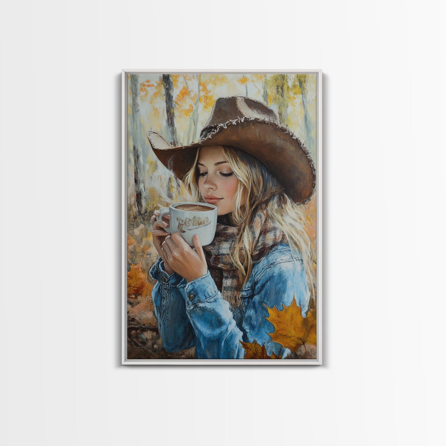 Fall-themed farmhouse framed canvas print a woman with coffee amidst autumn leaves ideal harvest home decor or seasonal wall art gift idea
