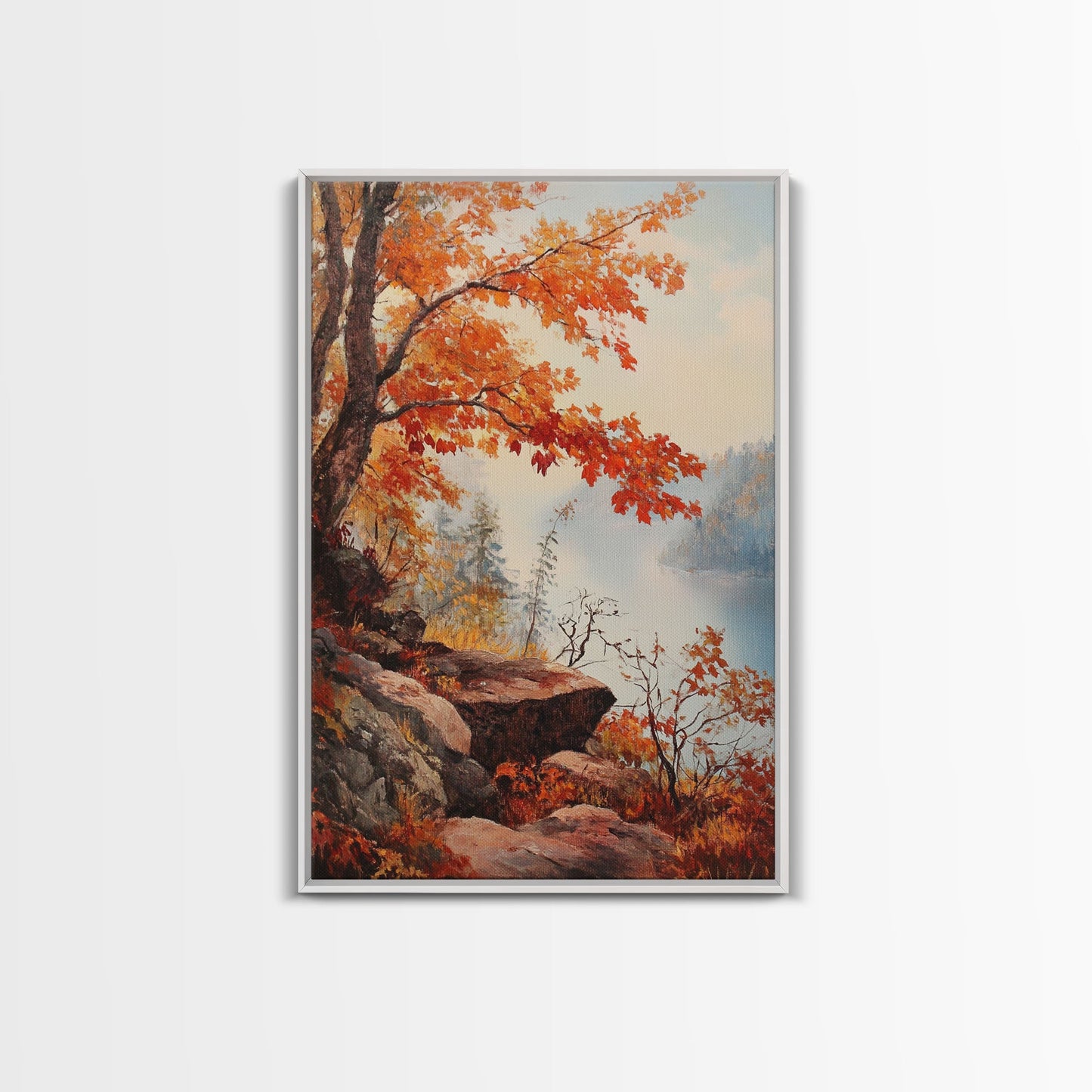 Fall In The Virginia Mountains - Framed Canvas Print - Autumn Leaves Falling On The Mountain Lake Landscape