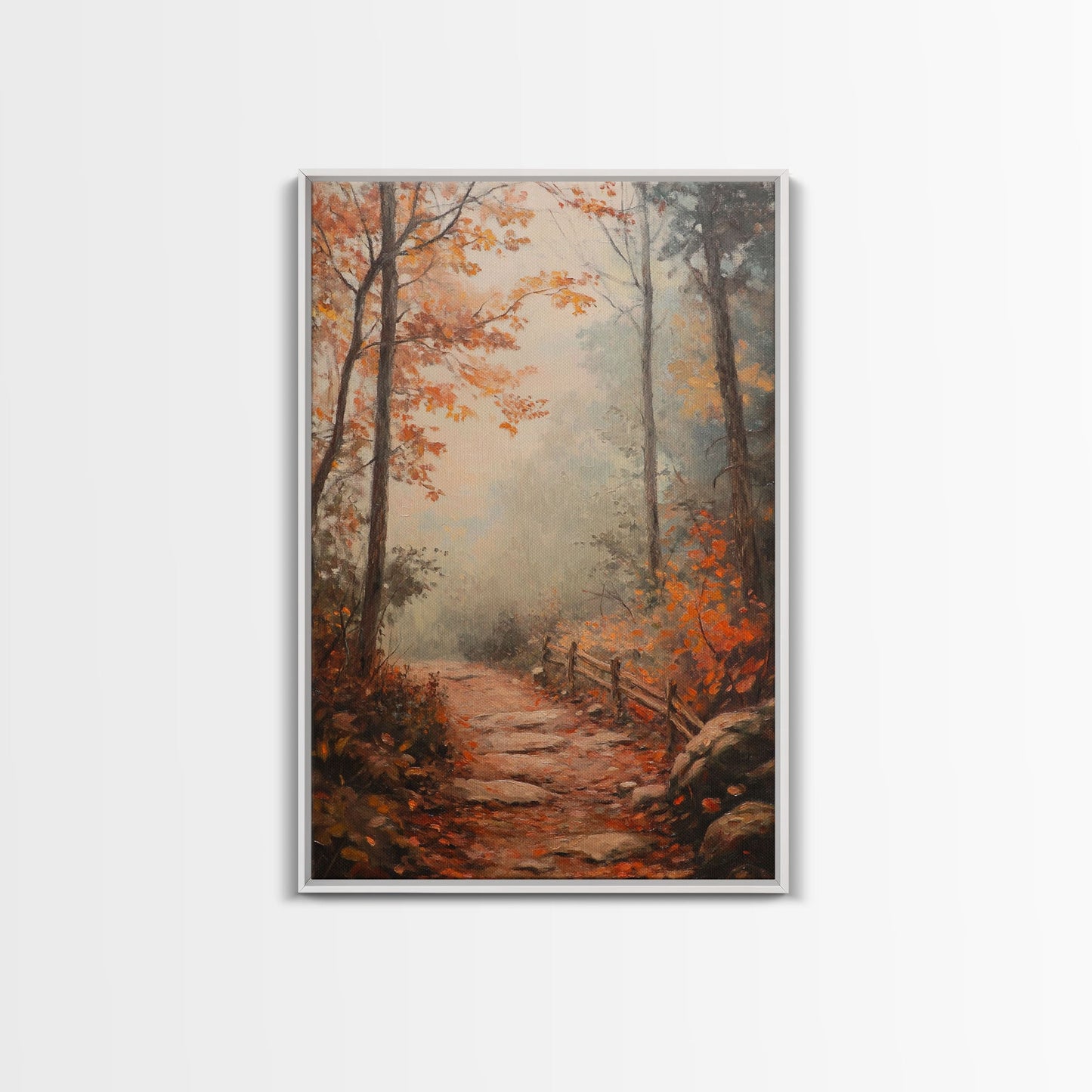Framed Canvas Print of a Fall Path with Fence and Trees, Autumn Wall Art, Rustic Country Decor, Best Gift Idea, Modern Farmhouse Fall Decor