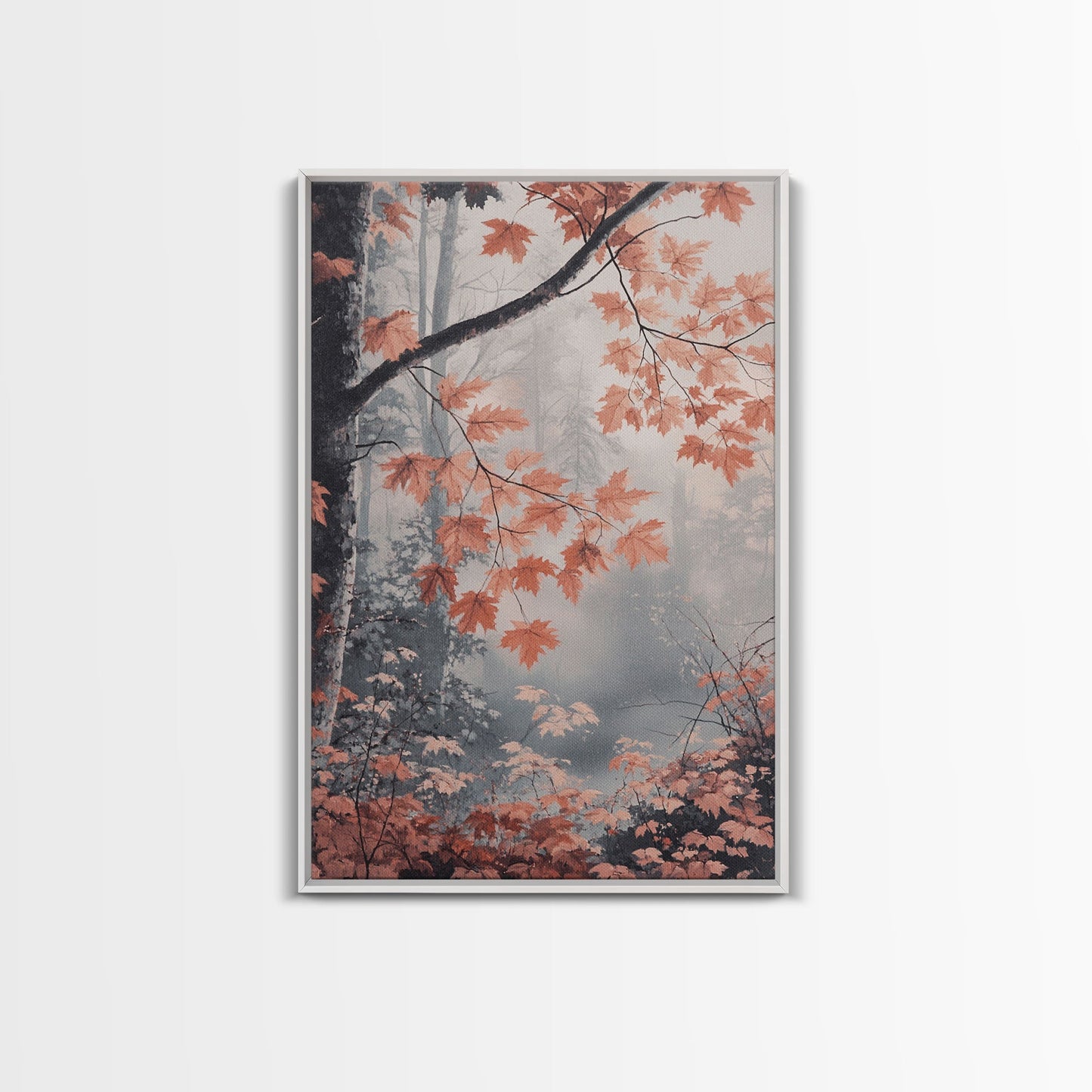 Framed Canvas Print of Fall Leaves on Branches in Misty Forest, Moody Landscape Wall Art, Fall Decor, Gift Idea, Farmhouse Seasonal Art