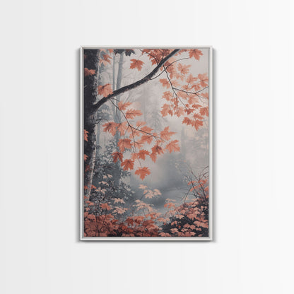 Framed Canvas Print of Fall Leaves on Branches in Misty Forest, Moody Landscape Wall Art, Fall Decor, Gift Idea, Farmhouse Seasonal Art