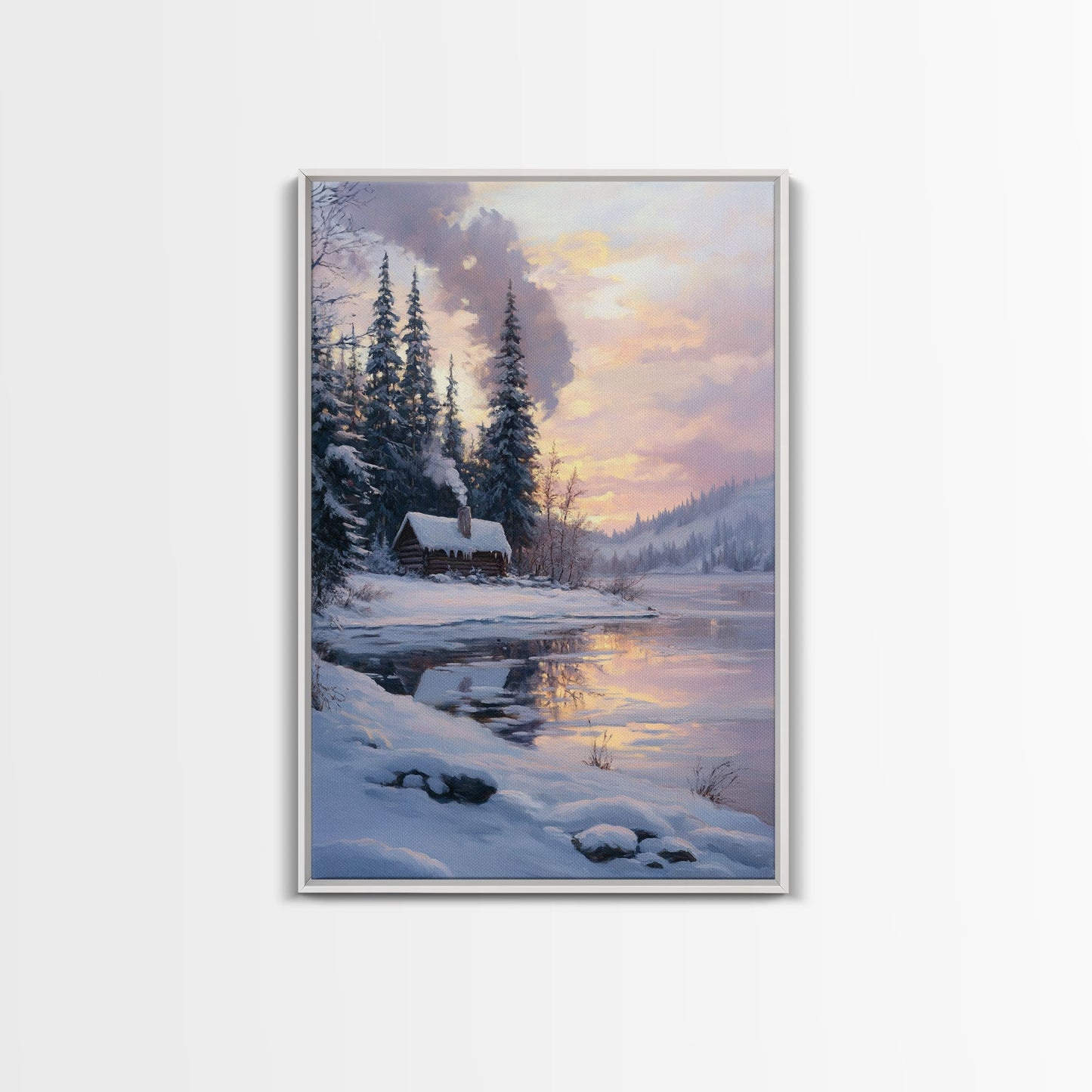 Cabin In Snowy Forest Framed Canvas Print Wall Art Winter Landscape Decor, Cozy Christmas Art Gift, Rustic Winter Wonderland Art