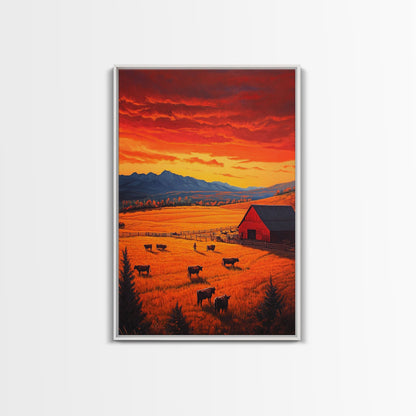 Golden Fields and Barn Framed Canvas Print, Pastoral Landscape with Mountains Grazing Cows, Rustic Fall Wall Art Farmhouse Ranch Style Decor