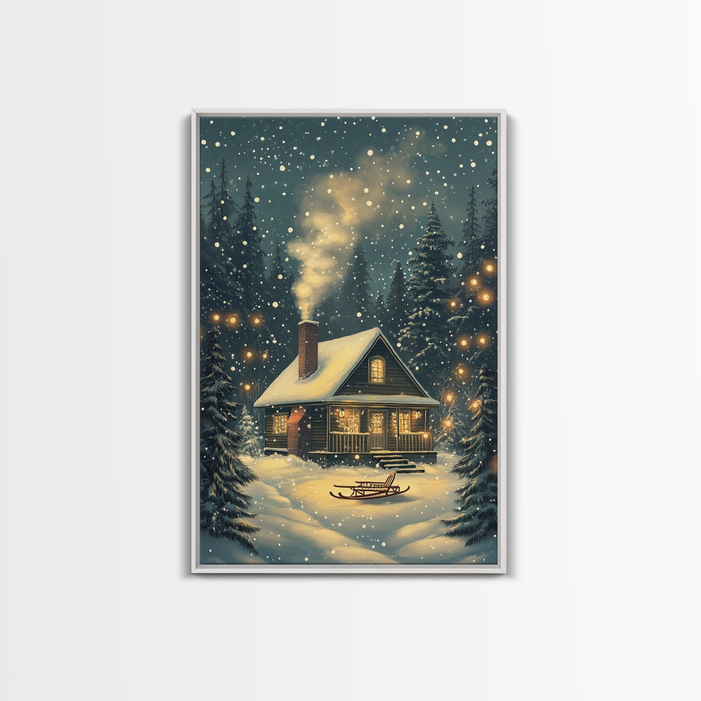Cozy Cabin in Snowy Winter Forest, Warm Christmas Lights and Peaceful Holiday Scene, Perfect for Winter Wall Art, Framed Canvas Print