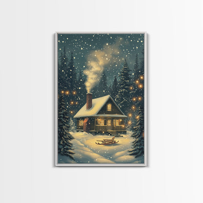 Cozy Cabin in Snowy Winter Forest, Warm Christmas Lights and Peaceful Holiday Scene, Perfect for Winter Wall Art, Framed Canvas Print