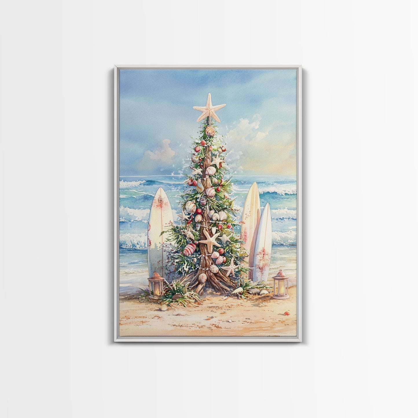 Coastal Christmas tree with surfboards at the beach Framed Canvas Print, tropical holiday wall art beach Christmas decor Christmas prints