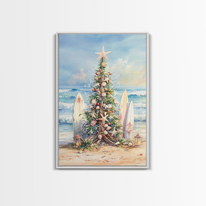 Coastal Christmas tree with surfboards at the beach Framed Canvas Print, tropical holiday wall art beach Christmas decor Christmas prints