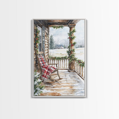 Farmhouse porch decorated with garland and cozy rocking chair, Framed Canvas Print winter decor idea for rustic home Christmas wall art